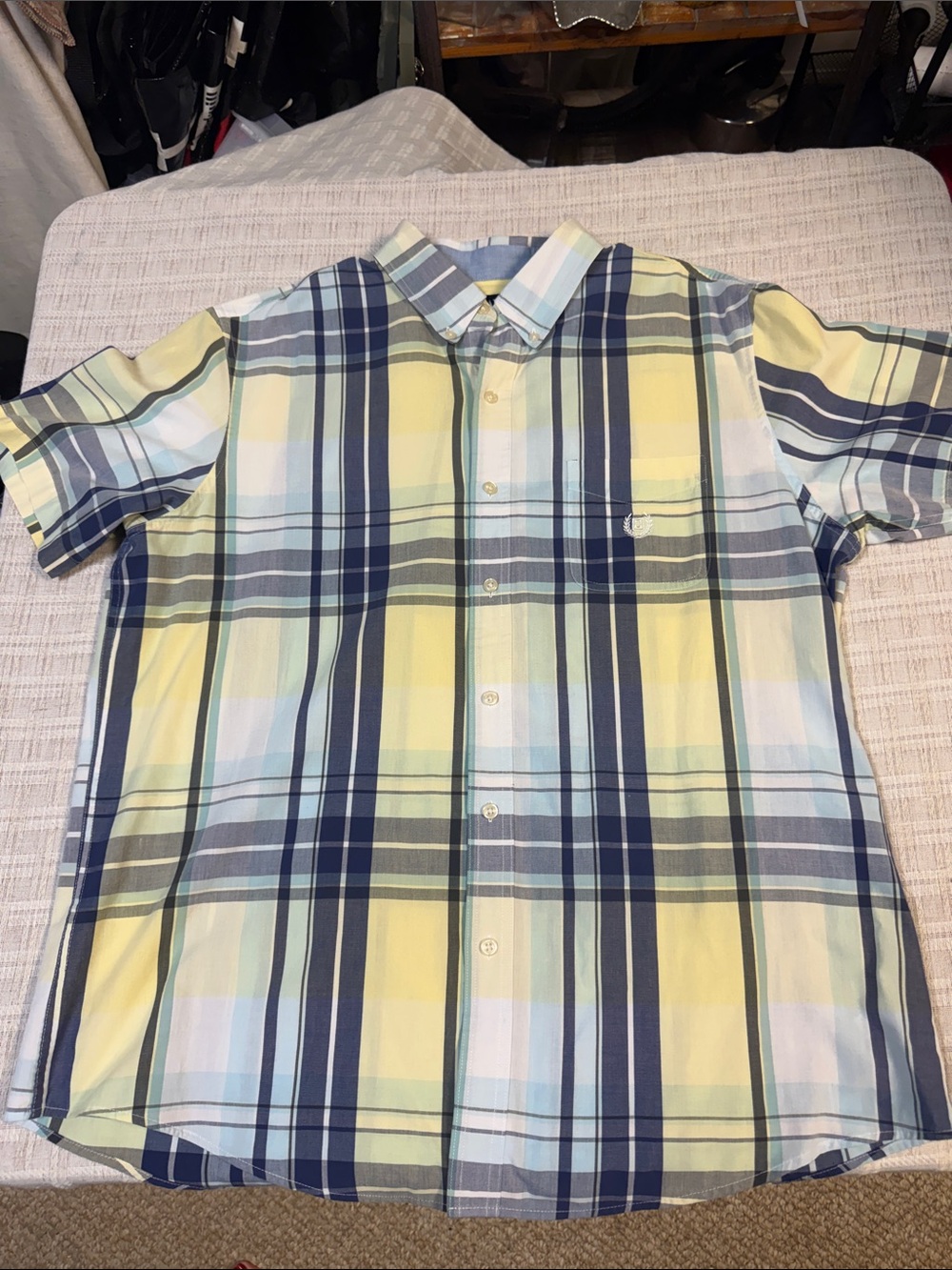 Chaps Pale Yellow & Navy Plaid Short-Sleeve Button-Up Shirt